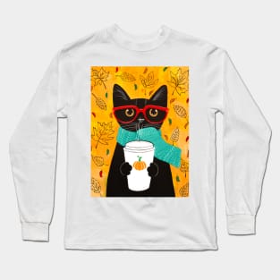 Autumn Coffee Black Cat Long Sleeve T-Shirt